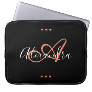 Elegant Black Coral Hearts Script Name Monogram Laptop Sleeve