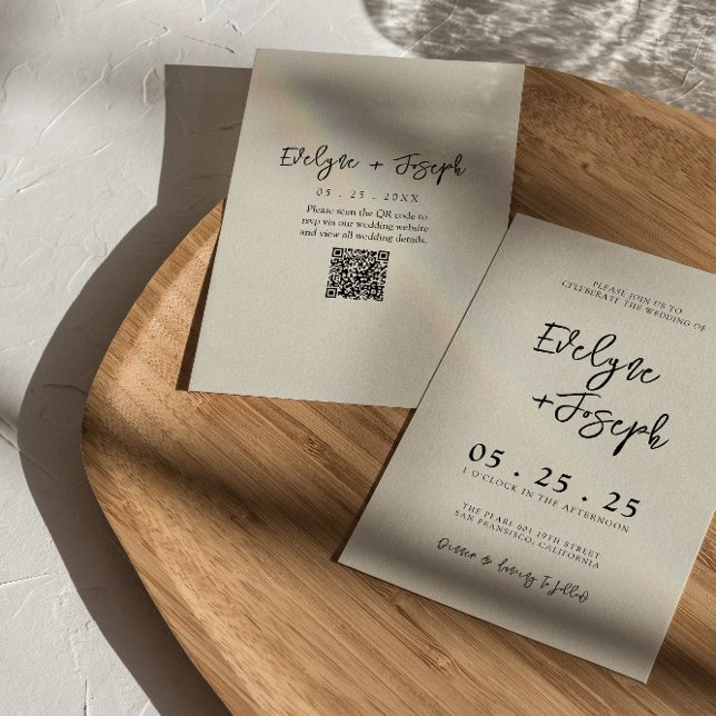 Elegant Black & Cream Minimal Boho QR Code Wedding Invitation (Creator Uploaded)