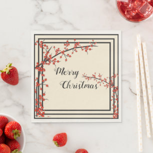 Elegant Black & Cream with Red Berries Christmas Napkin