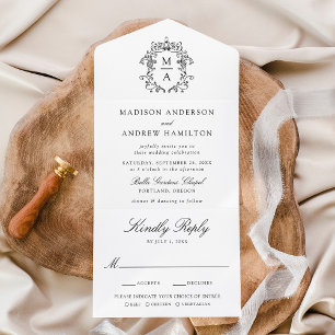 Elegant Black Crest Chinoiserie Monogram Wedding All In One Invitation