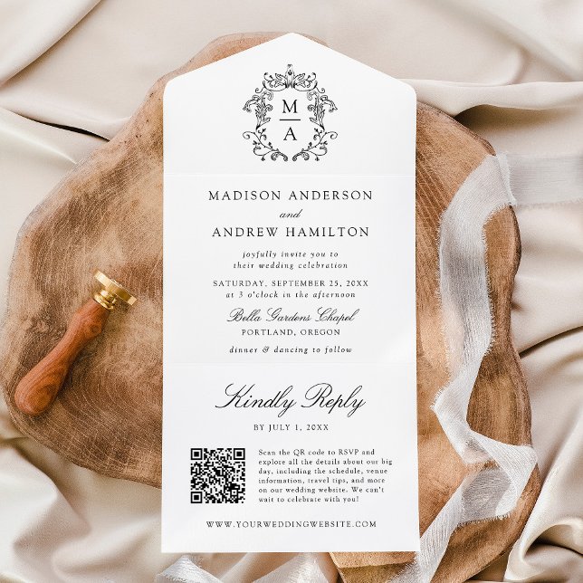 Elegant Black Crest Chinoiserie Monogram Wedding All In One Invitation (Creator Uploaded)