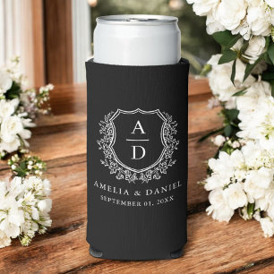 Elegant Black Crest Modern Monogram Wedding Seltzer Can Cooler