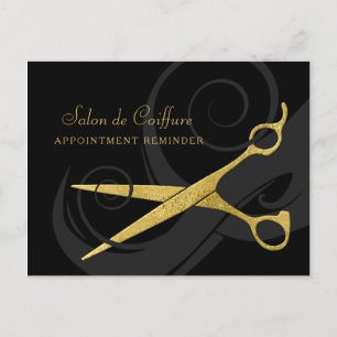 Elegant Black Curls Faux Gold Scissors Appointment Postcard