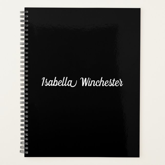 Elegant black custom name text year monogram planner (Front)