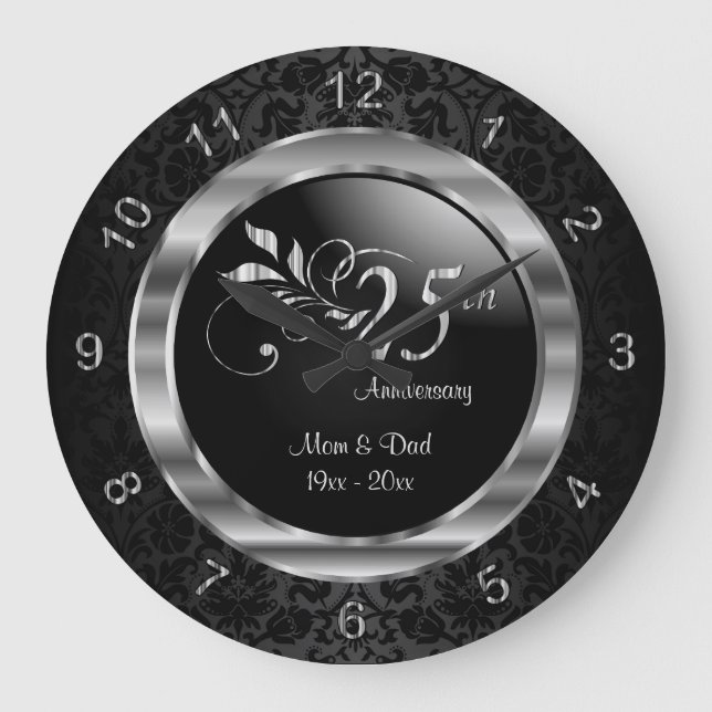 Elegant Black Damask - 25th Silver Anniversary Large Clock (Front)