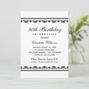 Elegant Black Damask 90th Birthday Invitation