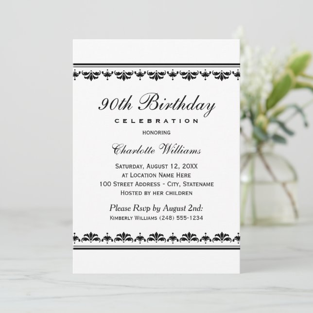 Elegant Black Damask 90th Birthday Invitation (Standing Front)