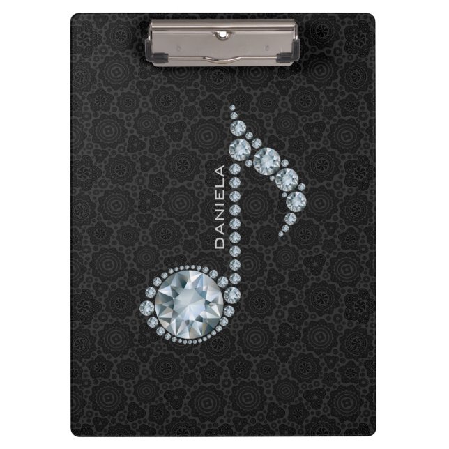 Elegant Black Damask And Diamond Notes Clipboard (Front)