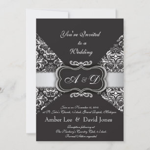 Elegant Black Damask andSilver wedding invitation