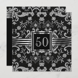 Elegant Black Damask Brocade Silver Birthday Party Invitation