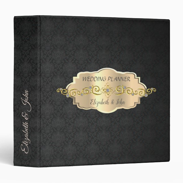 Elegant Black Damask,Chic ,Gold Frame Binder (Front/Spine)