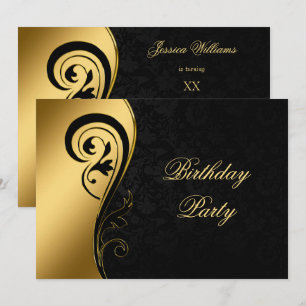 Elegant Black Damask & Decorative Swirls Birthday Invitation