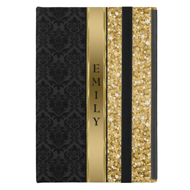 Elegant Black Damask Gold Glitter iPad Mini Case (Front Closed)
