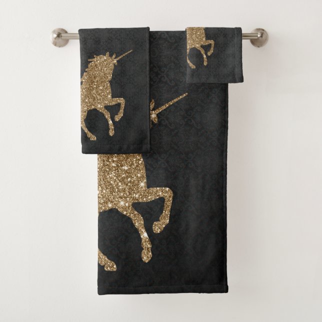 Elegant Black Damask Gold Glitter Unicorn Bath Towel Set (Insitu)