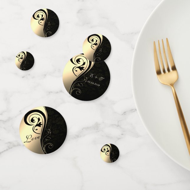 Elegant Black Damask ,Gold ,Love-Name Confetti (Group)