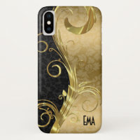 Elegant Black Damask Gold Swirls