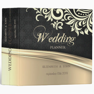 Elegant Black Damask Gold Swirls Wedding Planner Binder
