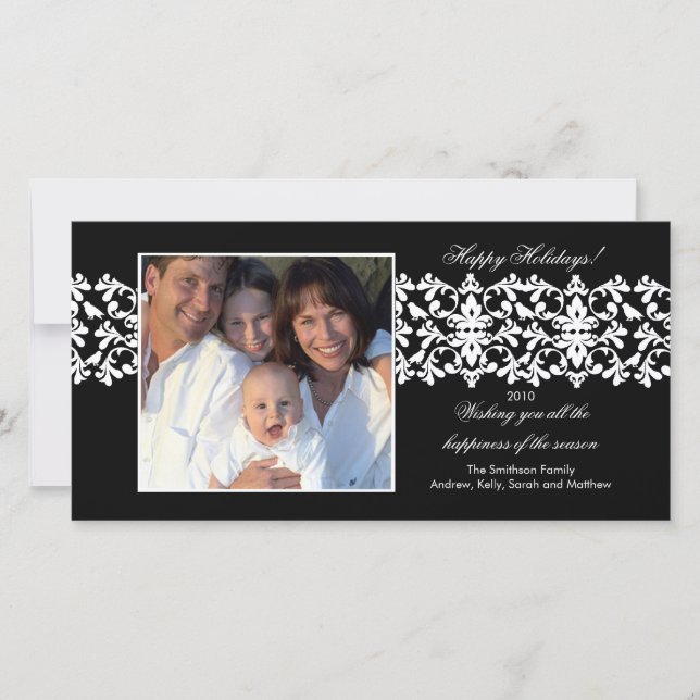 Elegant Black Damask Lace Christmas Photo Card (Front)