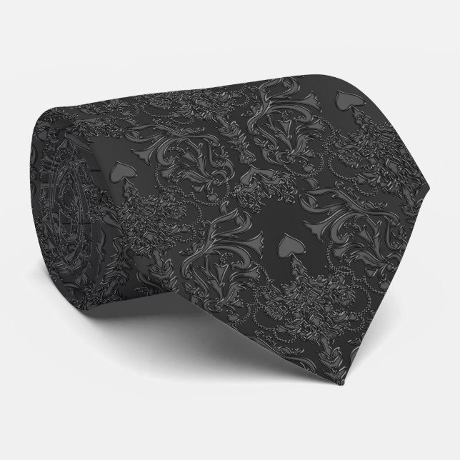 Elegant Black Damask Lace Tie (Rolled)