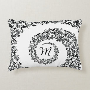 Elegant Black Damask Monogram Accent Pillow