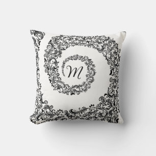 Elegant Black Damask Monogram Throw Pillow