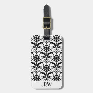 Elegant Black Damask Pattern Floral Monogram ID Luggage Tag