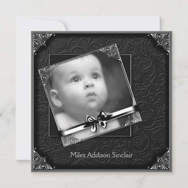 Elegant Black Damask Photo Birth Announcement (Front)