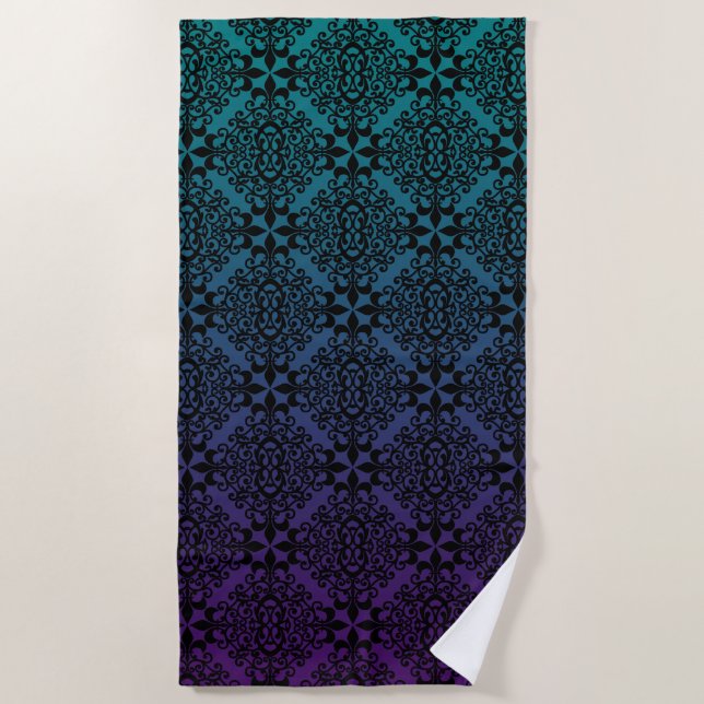 Elegant Black Damask Teal And Purple Ombre Beach Towel (Front)