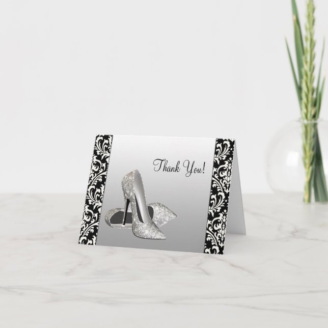 Elegant Black Damask Thank You Cards (Front)