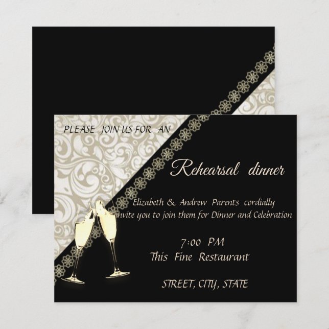 Elegant Black,Damask Weddi Rehearsal Dinner Invitation (Front/Back)