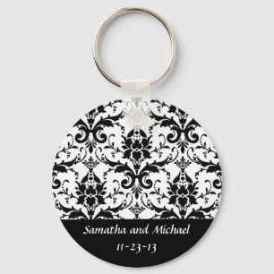 Elegant Black Damask Wedding Aniversary Date Keychain