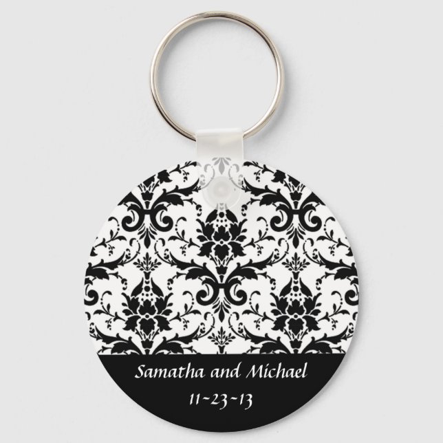 Elegant Black Damask Wedding Aniversary Date Keychain (Front)