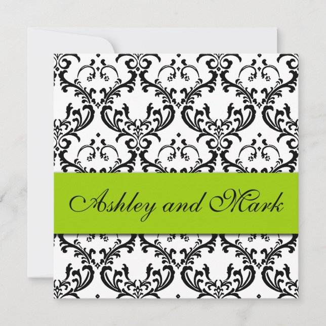 Elegant Black Damask Wedding Invitation Green (Front)