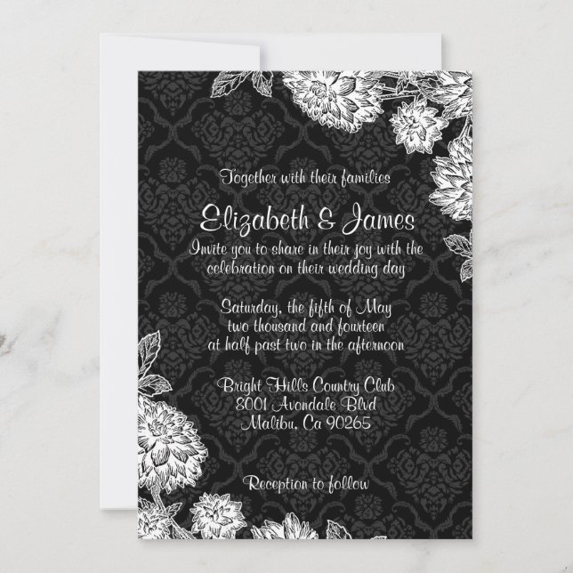 Elegant Black Damask Wedding Invitations (Front)
