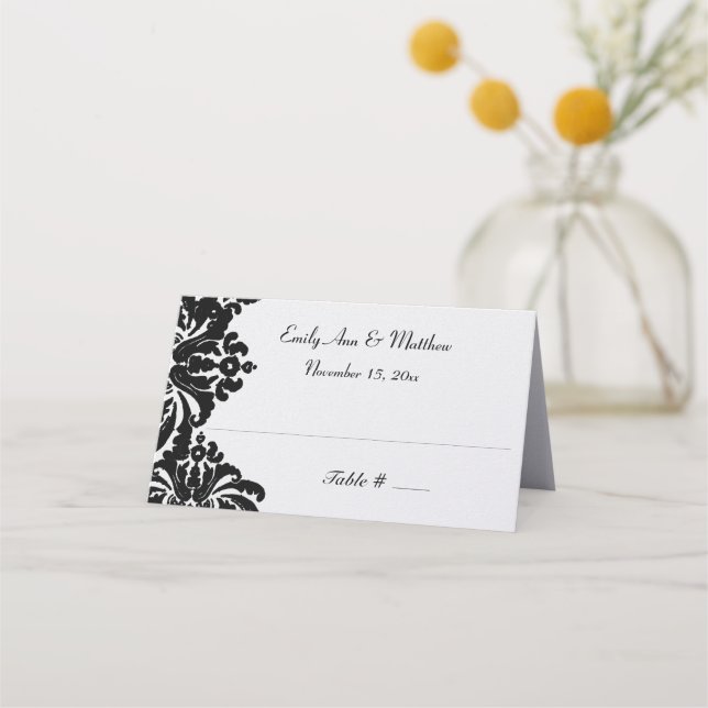 Elegant Black Damask Wedding Place Cards (Front)