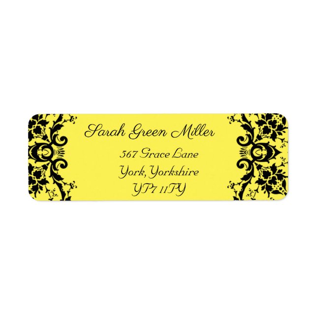 Elegant Black Damask Yellow Wedding Return Address (Front)
