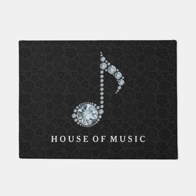 Elegant Black Damasks & Diamonds Print Music Note Doormat (Front)