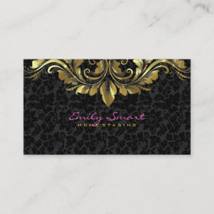 Elegant Black Damasks Gold Floral Lace 2 Business Card