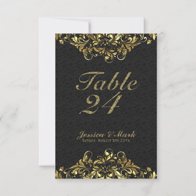 Elegant Black Damasks & Gold Floral Lace Invitation (Front)