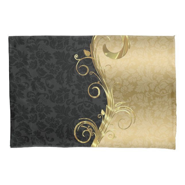 Elegant Black Damasks Gold Swirls Pillowcase (Front)