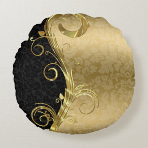 Elegant Black Damasks Gold Swirls Round Pillow