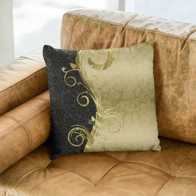 Elegant Black Damasks Gold Swirls Throw Pillow (Creator Uploaded)