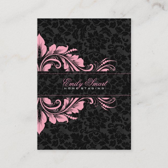 Elegant Black Damasks Pink Floral Ornament 2 Business Card (Front)