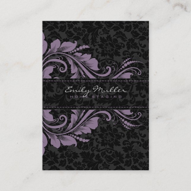 Elegant Black Damasks & Purple Floral Ornament Business Card (Front)