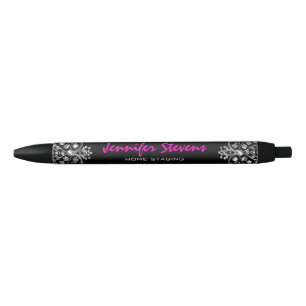 Elegant Black Damasks Silver Metallic Vintage Lace Black Ink Pen
