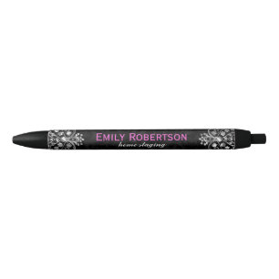 Elegant Black Damasks Silver Metallic Vintage Lace Black Ink Pen
