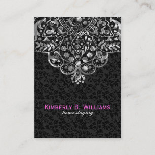 Elegant Black Damasks Silver Metallic Vintage Lace Business Card