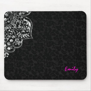 Elegant Black Damasks Silver Metallic Vintage Lace Mouse Pad