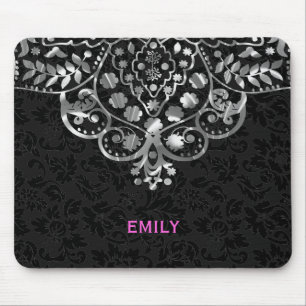Elegant Black Damasks Silver Metallic Vintage Lace Mouse Pad