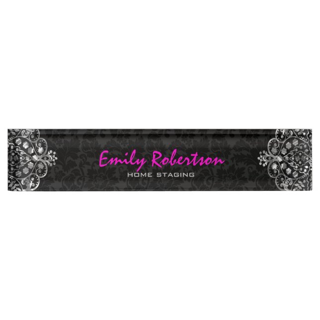 Elegant Black Damasks Silver Metallic Vintage Lace Nameplate (Front)